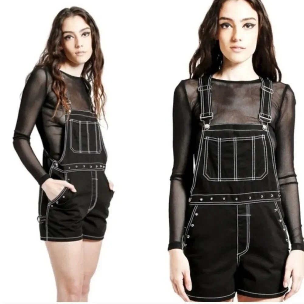 TRIPP NYC Darkstreet Studded Overalls Shorts Black Goth Punk Size L